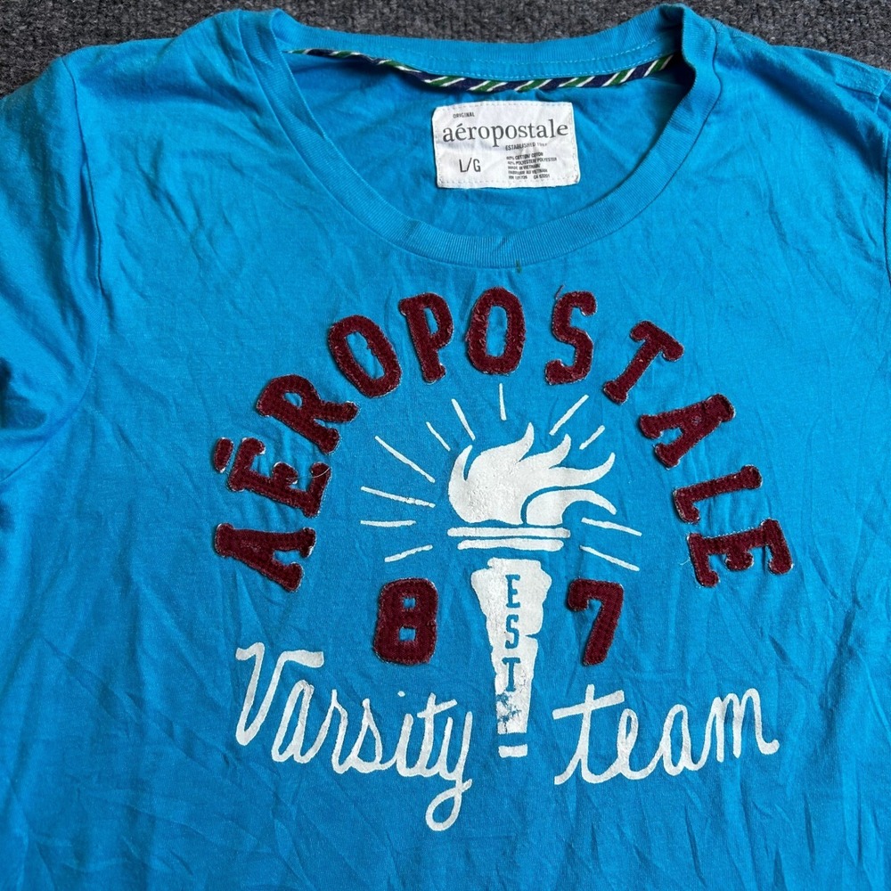 Aeropostale T-Shirt Womens L Blue Varsity Team Graphic Slim Fit Short Sleeve